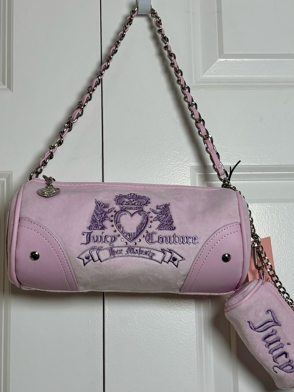 Juicy Couture Heritage Logo Velour Lilac Barrel Satchel Handbag